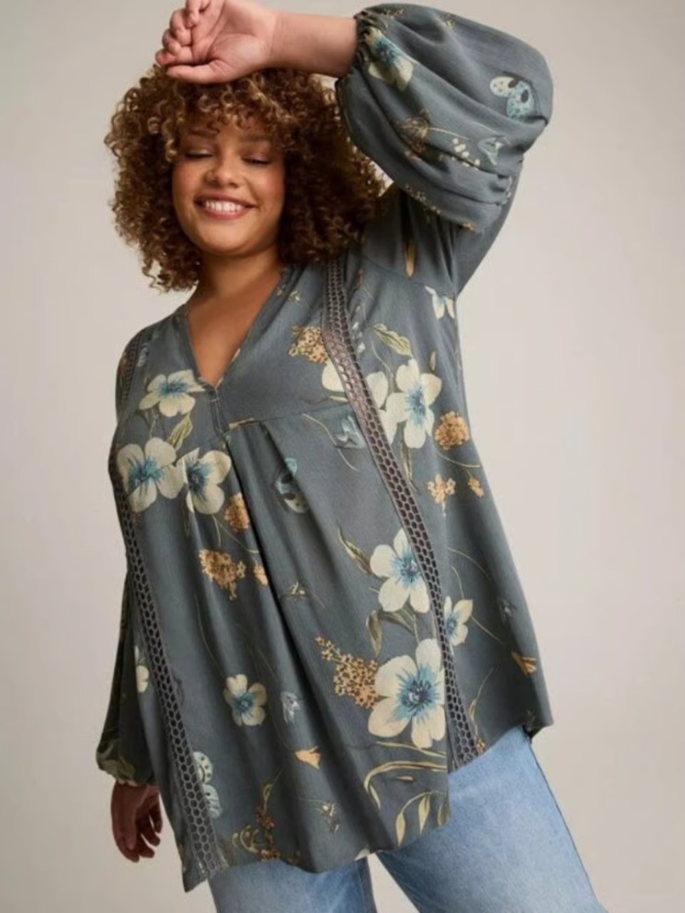 Torrid Festi Grey & Blue Floral V-Neck Tunic with Lace Insets